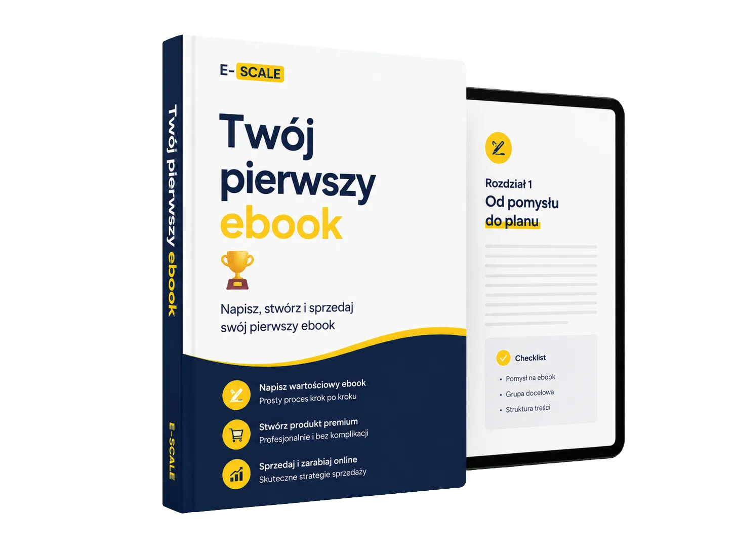 Makieta ebooka „Twój pierwszy ebook” od E-SCALE — okładka i podgląd wnętrza kursu